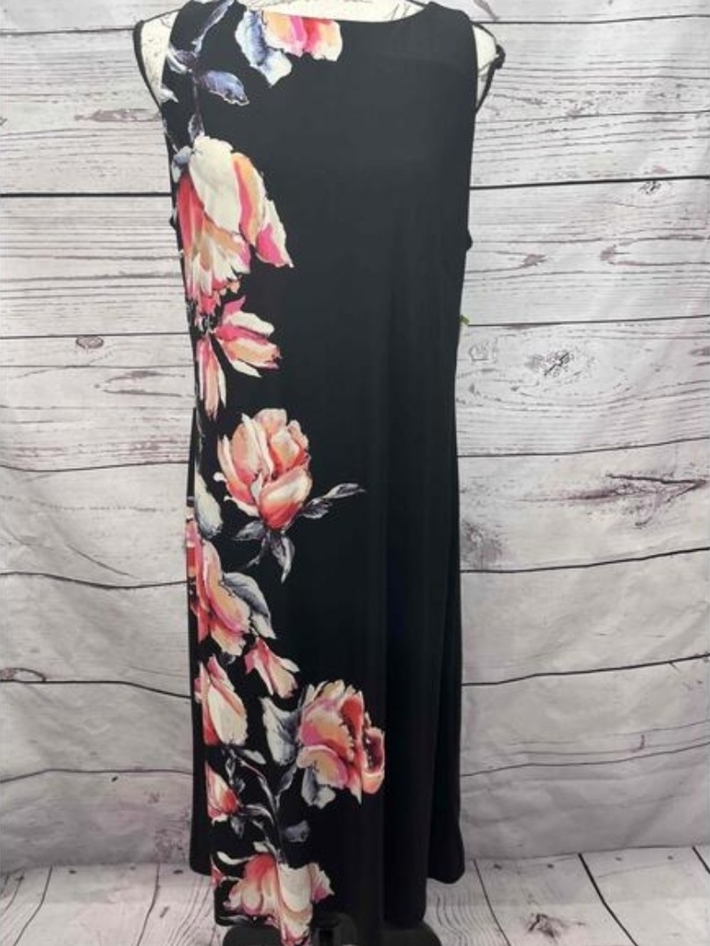Anne Klein Black Sleeveless Dress with Pink Floral Side Print Size 16